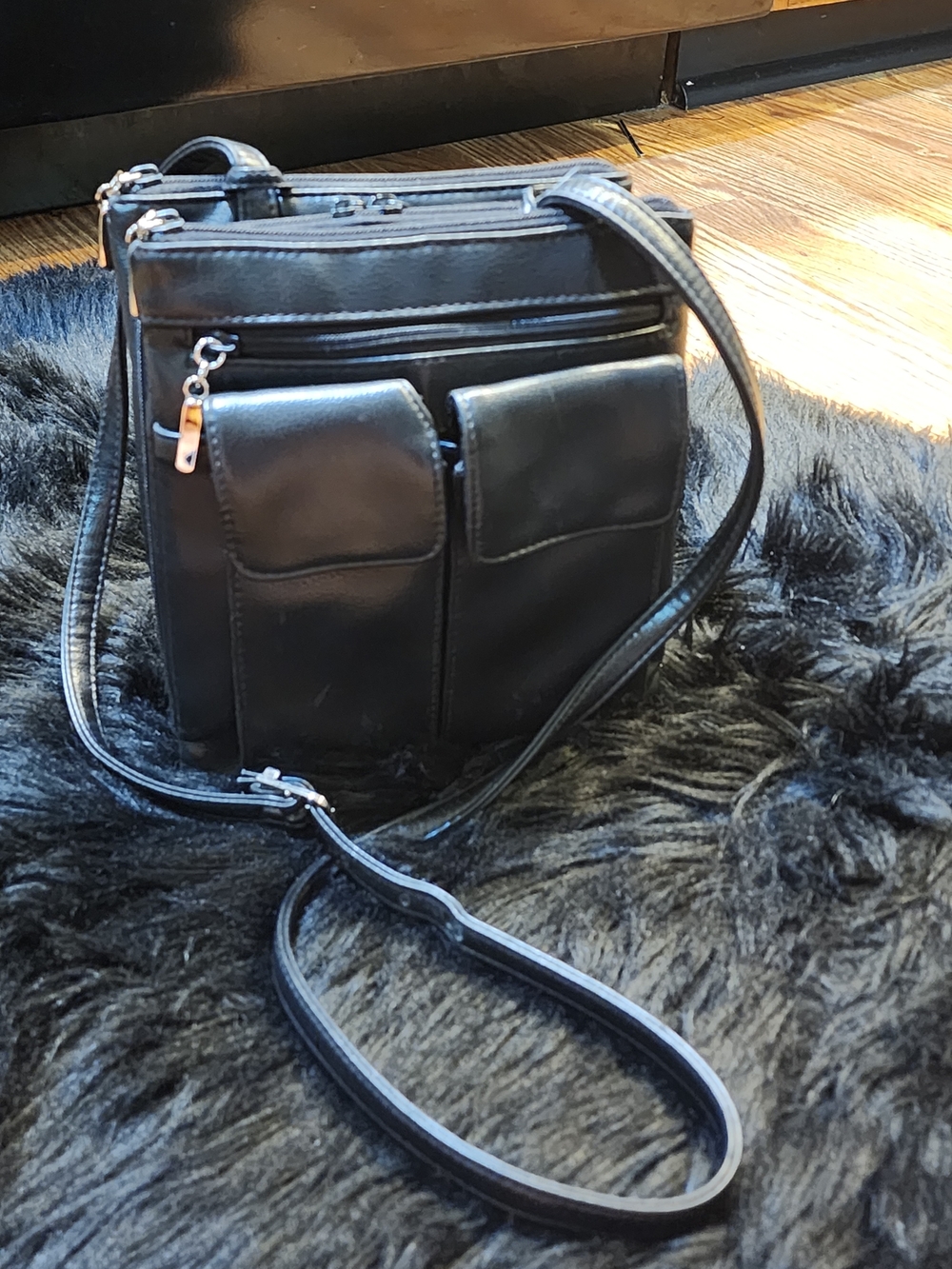 Black Faux Leather Crossbody Organizer Bag with Front Pockets Unisex
